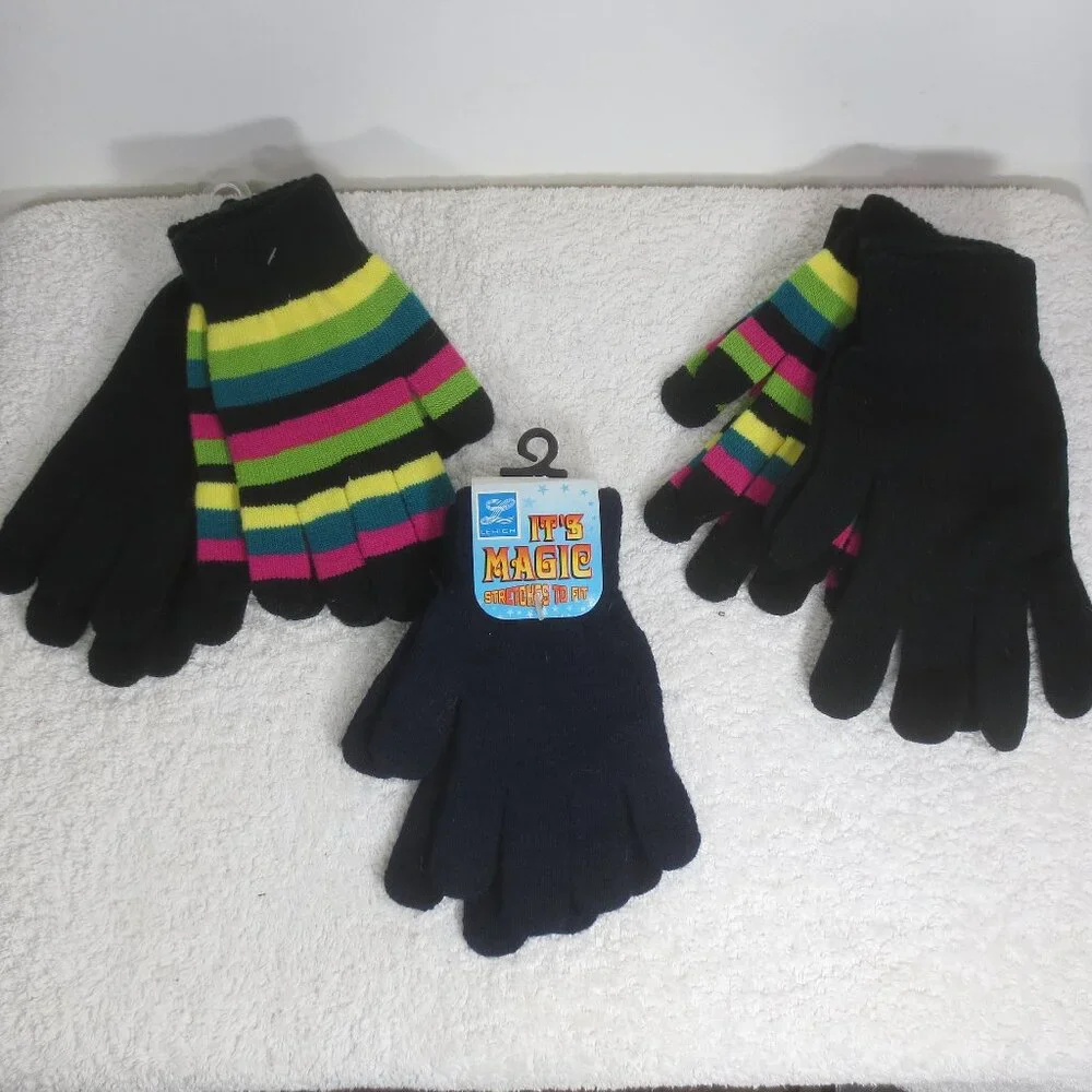 NEW 5 Pair Gloves Stretch Magic Solid Black Navy Multicolor Striped Warm Soft OS